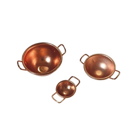 3 Miniature Copper Cookware Bowls Dollhouse Kitchen Decor Collectible Display - Picture 1 of 3